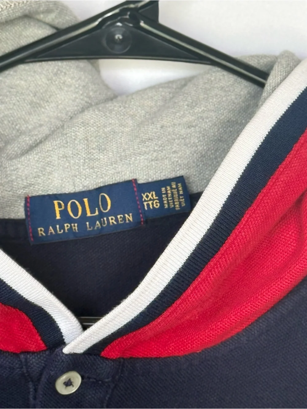 Polo Ralph Lauren Navy, White & Red Colorblock  Hooded Cotton Shirt XXL